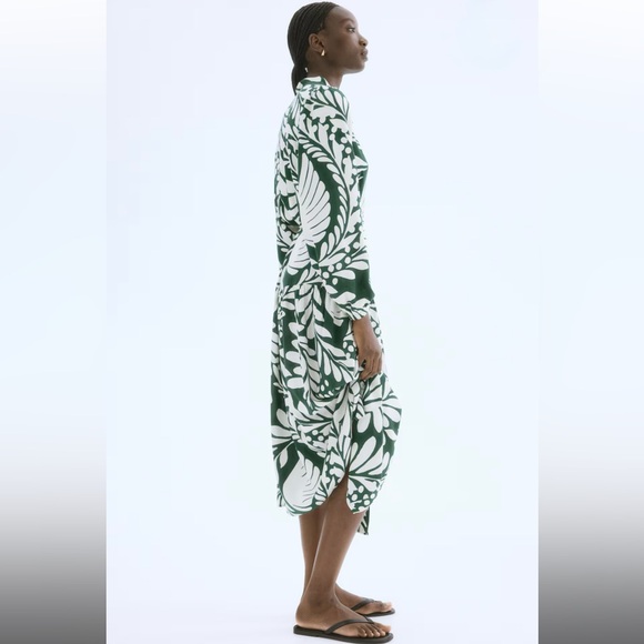 H&M Green and White Leaf Print Long Sleeve Dress Puff-Sleeve - Picture 6 of 12